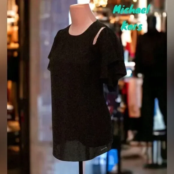 MICHAEL KORS TOP BLOUSE COLD SHOULDER RUFFLE SLEEVES MEDIUM - Picture 2 of 7